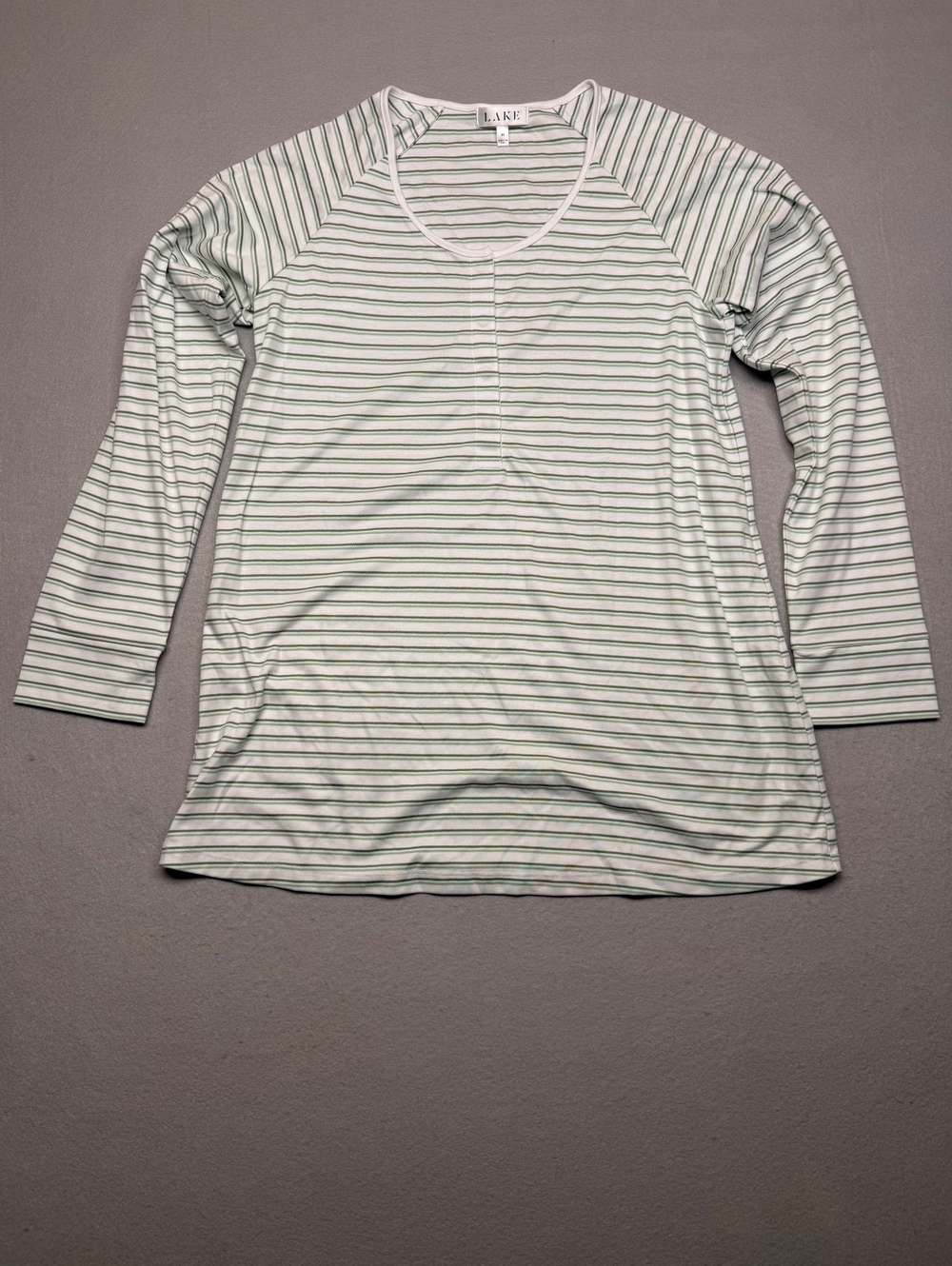 LAKE Striped Cotton Long Sleeve Shirt Medium White Green